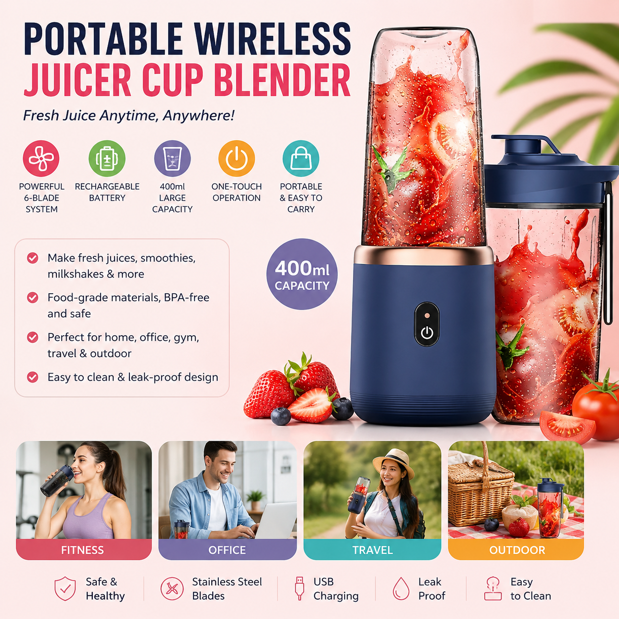 Hexa Blade Juicer Rechargeable Mini Automatic Electric Juicer 2in1